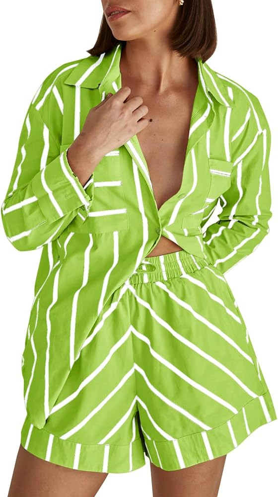 Tankaneo Womens Striped 2 Piece Outfits Button Down Shirts and Shorts Lounge Matching Sets | Amazon (US)