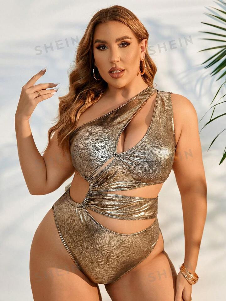 SHEIN Swim Curve Plus Size Summer Beach Metal Mesh Hollow Out One-Piece Swimsuit | SHEIN USA | SHEIN