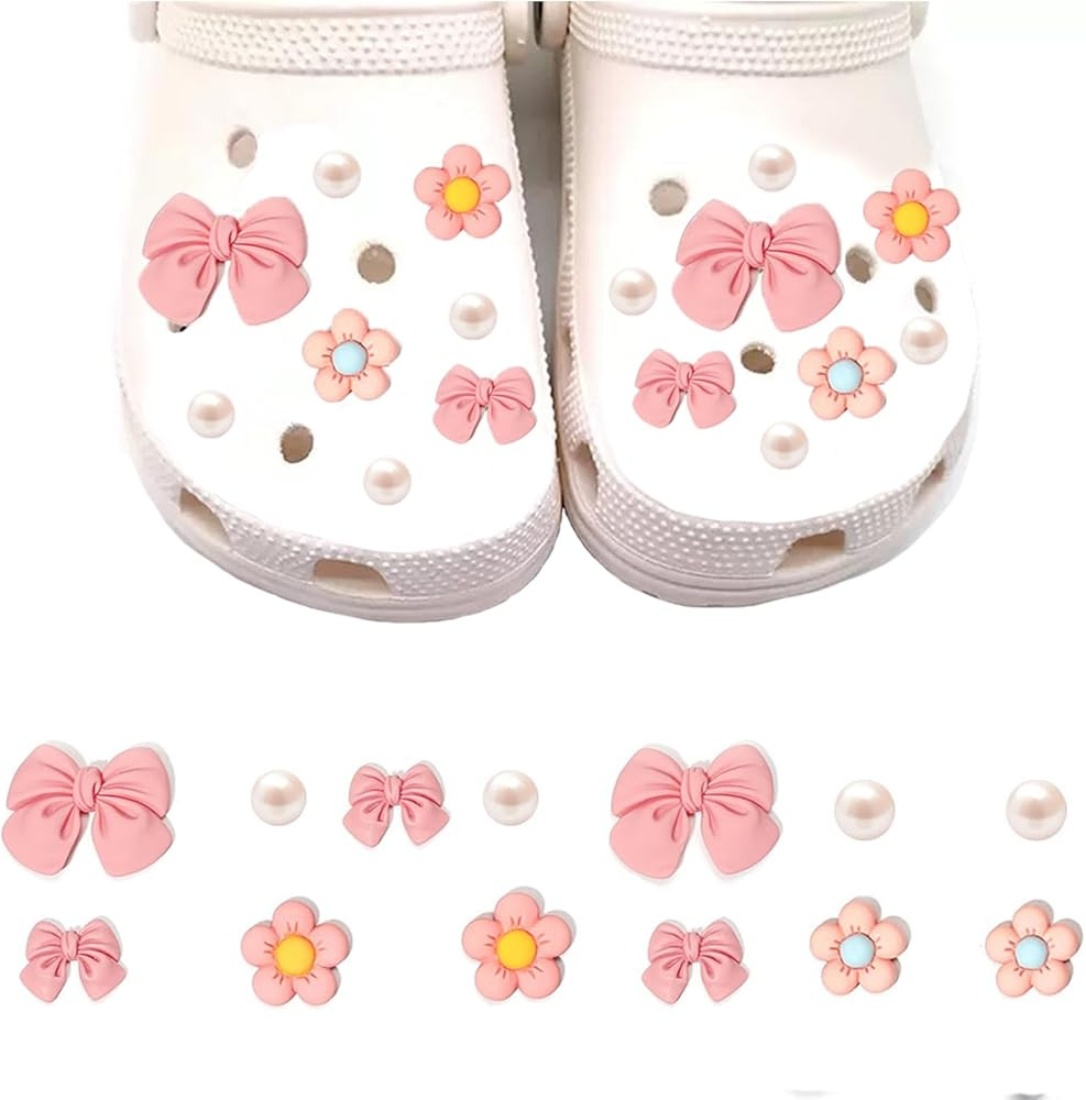 24Pcs Resin Pink Shoe Charms for Girls Cute Bow Flower for Clog Sandals Pearl Accessories for Women DIY Decoration Charms | Amazon (US)