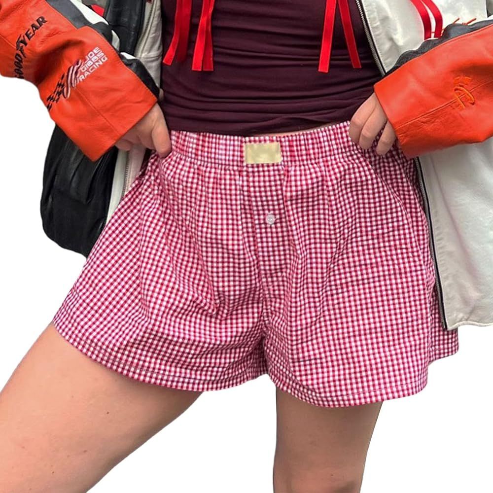 Women Pajamas Shorts Y2k Plaid Elastic Waist Boxer Pj Bottoms Casual Lounge Sleep Shorts (Red, S)... | Amazon (US)