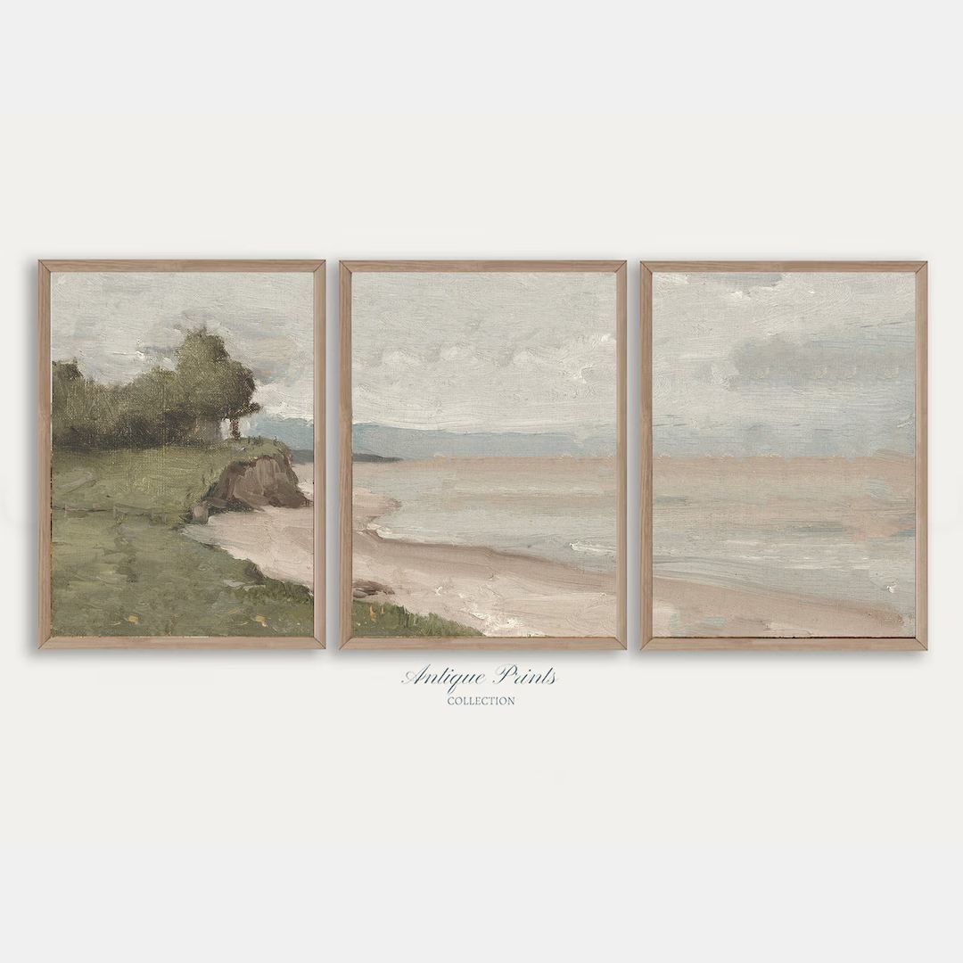 Set of 3 Vintage Coastal Painting, Neutral Seascape 3 Pieces Wall Art, Antique Mediterranean Spli... | Etsy (US)