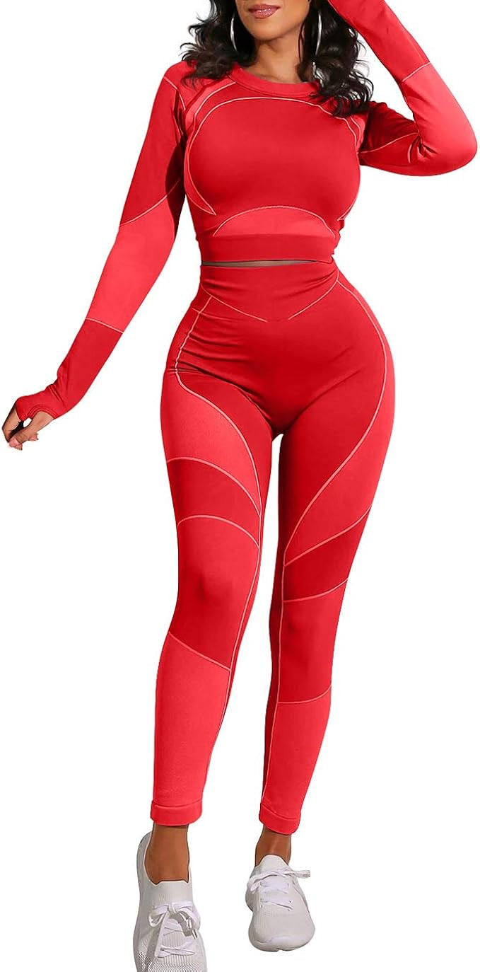 OYS Workout Sets for Women 2 Piece Outfits Seamless High Waist Yoga Leggings Running Sports Long ... | Amazon (US)