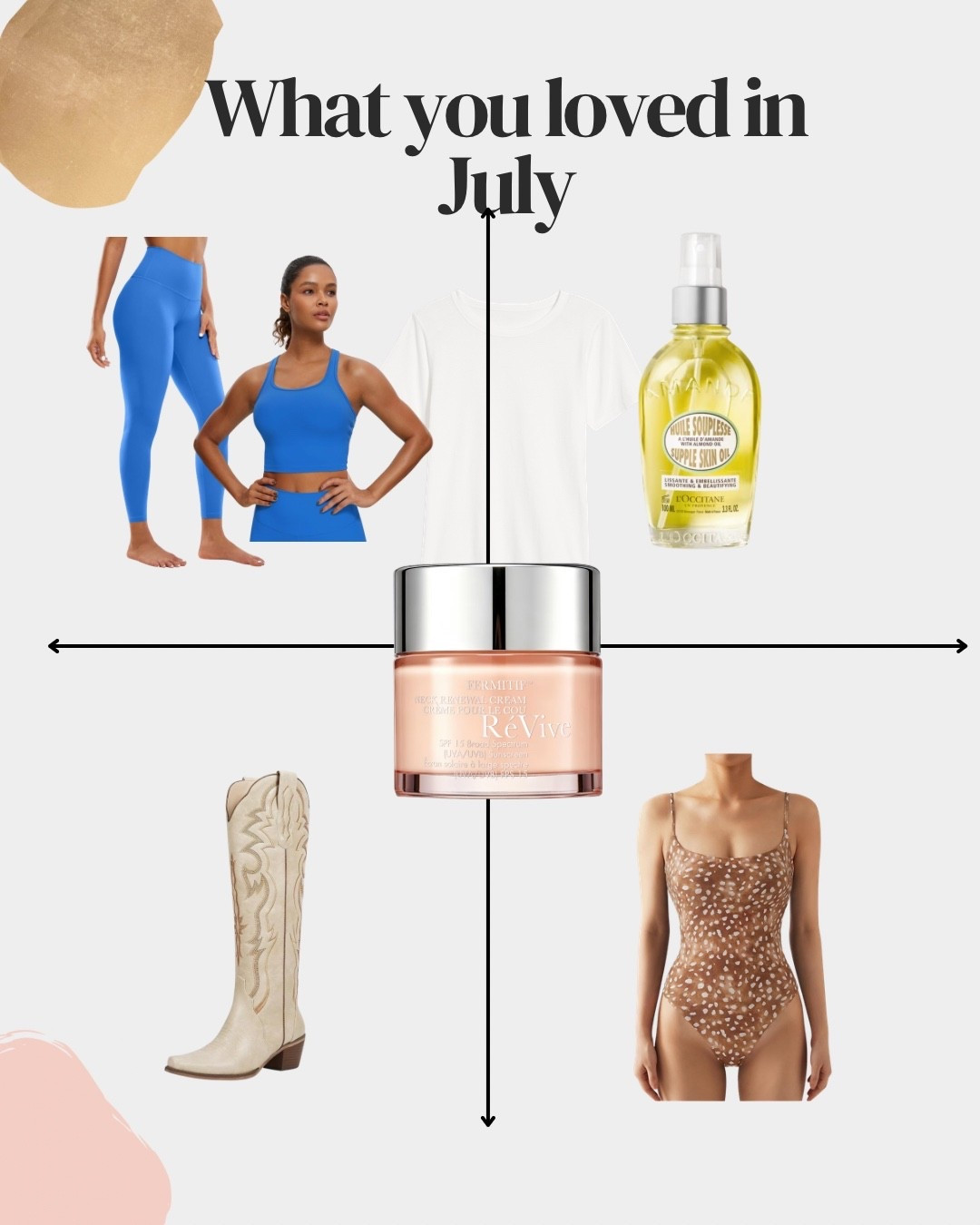 July favorites
Bodysuit
Cowboy boots
Workout set
Skincare
Body oil

#LTKselfcare #LTKOver40 #LTKActive