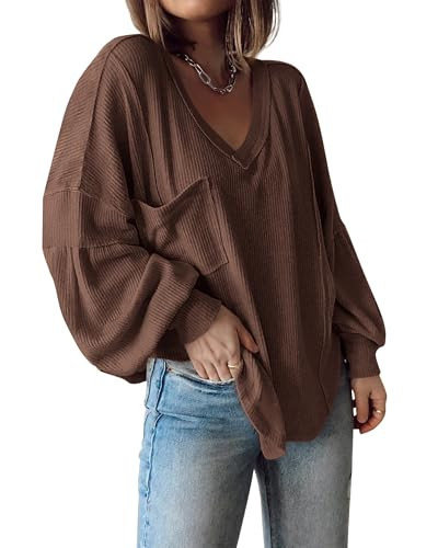 BTFBM Womens Fall Fashion 2025 Long Sleeve Shirts Casual V Neck Ribbed Knit Blouses Pullover Trendy Loose Fit Tunic Tops(Solid Caramel, Small) | Amazon (US)