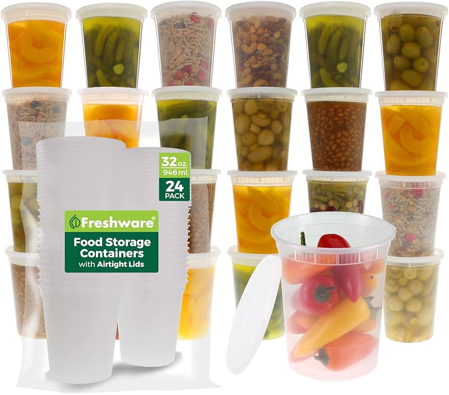 Freshware Food Storage Containers [24 Set] 32 oz Plastic Deli Containers with Lids, Slime, Soup, ... | Amazon (US)