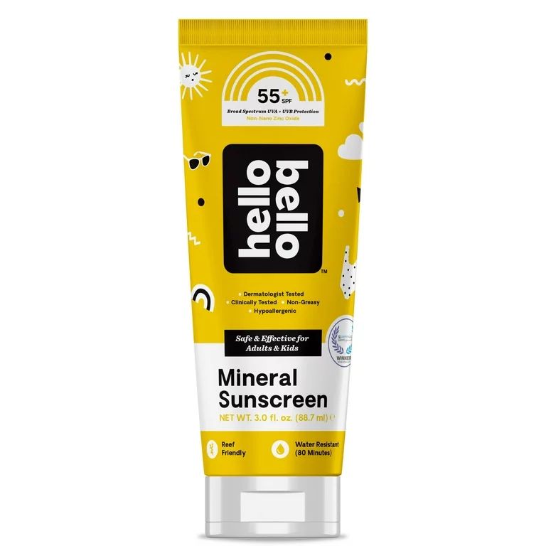 Hello Bello Mineral SPF 55 + Sunscreen Lotion, Reef-Friendly for Adults & Kids, 3.0 fl oz | Walmart (US)