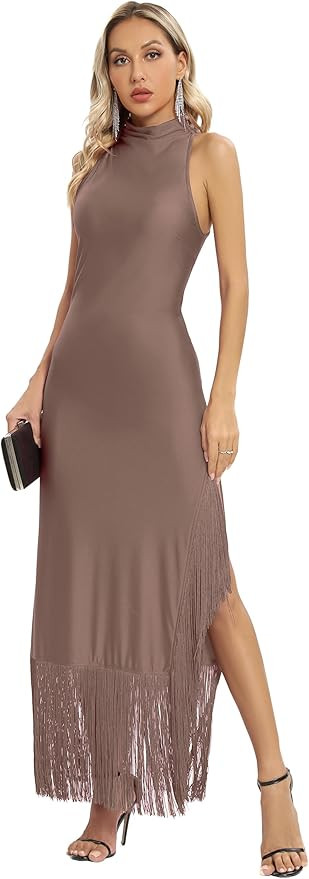 Aigeman Womens Vintage Flapper Dress 1920s Great Gatsby Halter Fringed Maxi Dress Tassels Hem Hig... | Amazon (US)