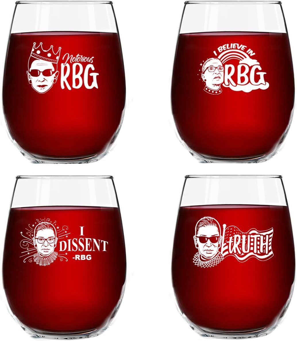 Set of 4 Ruth Bader Ginsburg Wine Glasses (15 oz) | Birthday Present for RBG Fan| Unique Patrioti... | Amazon (US)