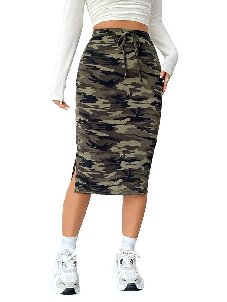 WDIRARA Women's Camo Print High Waist Skinny Midi Skirts Split Side Drawstring Waist Hip Skirt | Amazon (US)