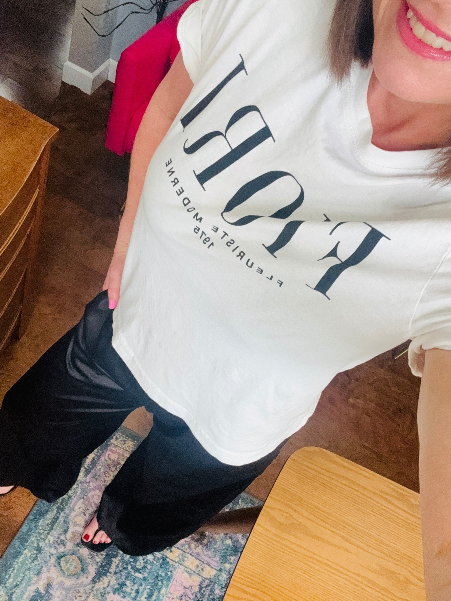 Wide leg satin pants and graphic tee for the win!!!

#LTKOver40 #LTKTall #LTKootd
