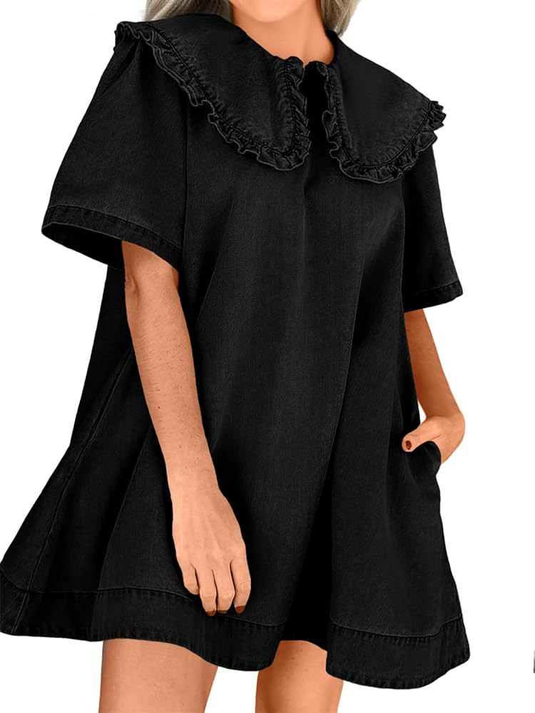 Wenrine Womens Summer Denim Mini Dress Oversized Peter Pan Collar Short Sleeve Casual Flowy Babyd... | Amazon (US)