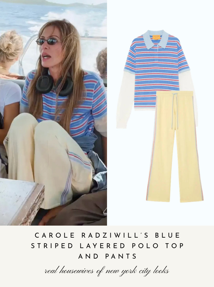 Carole Radziwill's Blue Striped Layered Polo Sweater and Sweatpants 

 