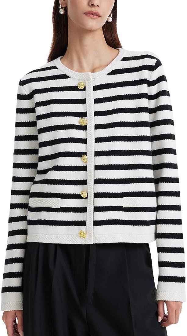 GOELIA Women's White Black Striped Short Cardigan Sweater, Crewneck Button Up Knit Wool Sweaters | Amazon (US)