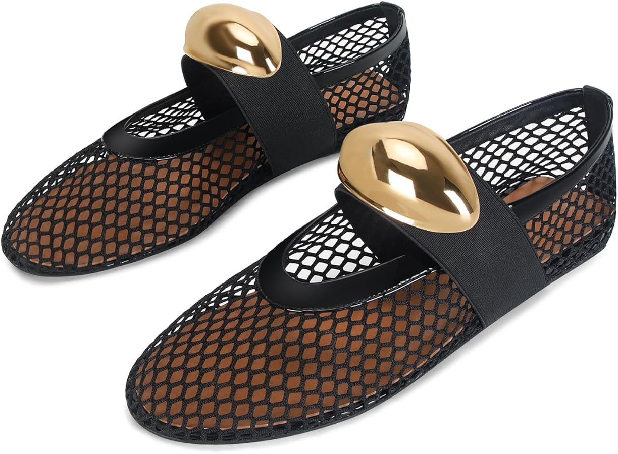 DOEYG Mesh Ballet Flats for Women Buckle Strap Comfy Casual Office Fishnet Ballerina Flat Shoes w... | Amazon (US)