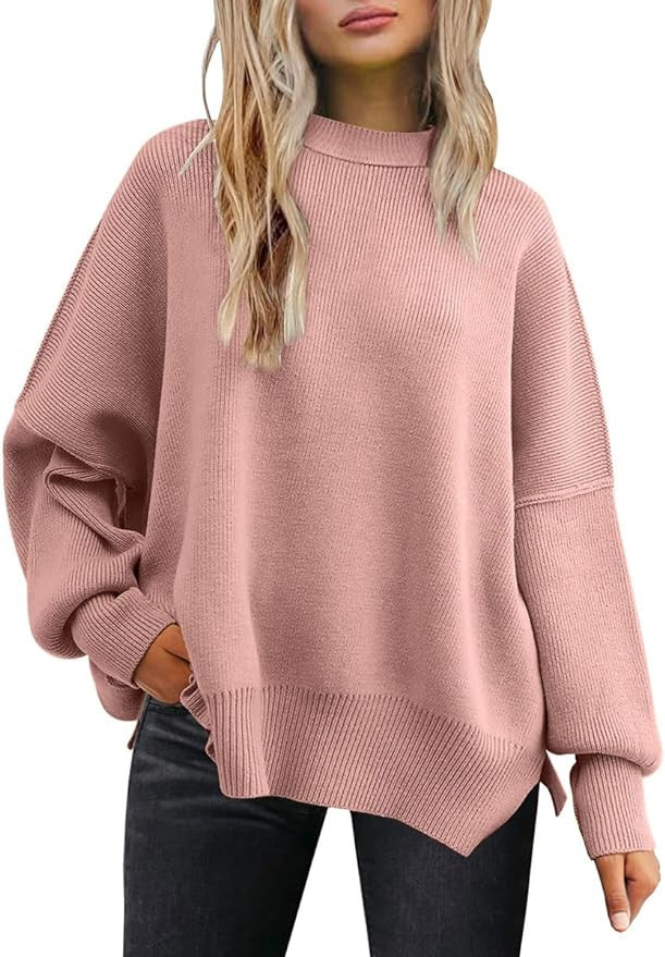LILLUSORY Women's Crewneck Batwing Long Sleeve Sweaters 2023 Fall Oversized Ribbed Knit Side Slit... | Amazon (US)
