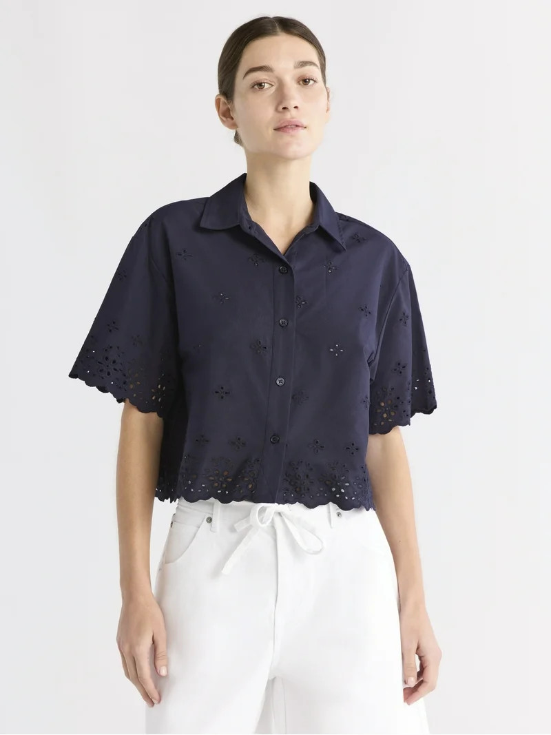 Free Assembly Women's and Women's Plus Cropped Cotton Eyelet Shirt, Sizes XS-4X | Walmart (US)