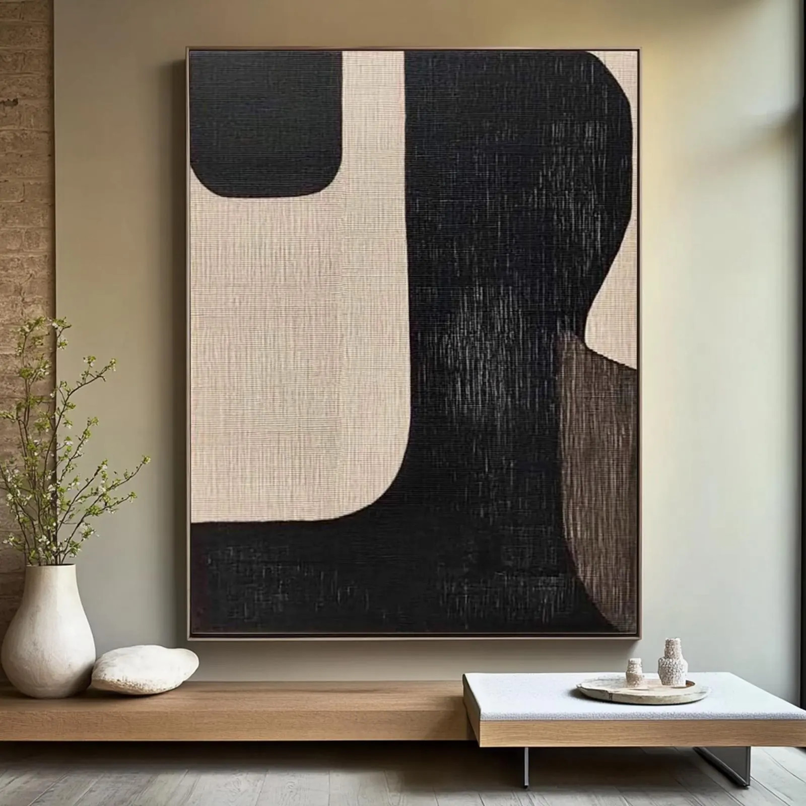Minimalist Abstract Wall Art, Large Black and Beige Oil Painting on Canvas, Modern Textured Artwork for Living Room, Japandi Wabi Sabi Decor | Etsy (Global)