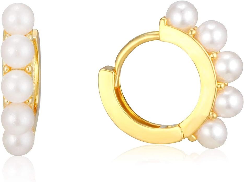 18K Gold Plated Pearl And Simple Hoop Earrings, Yellow And White Color, Huggie Earrings for Women... | Amazon (US)