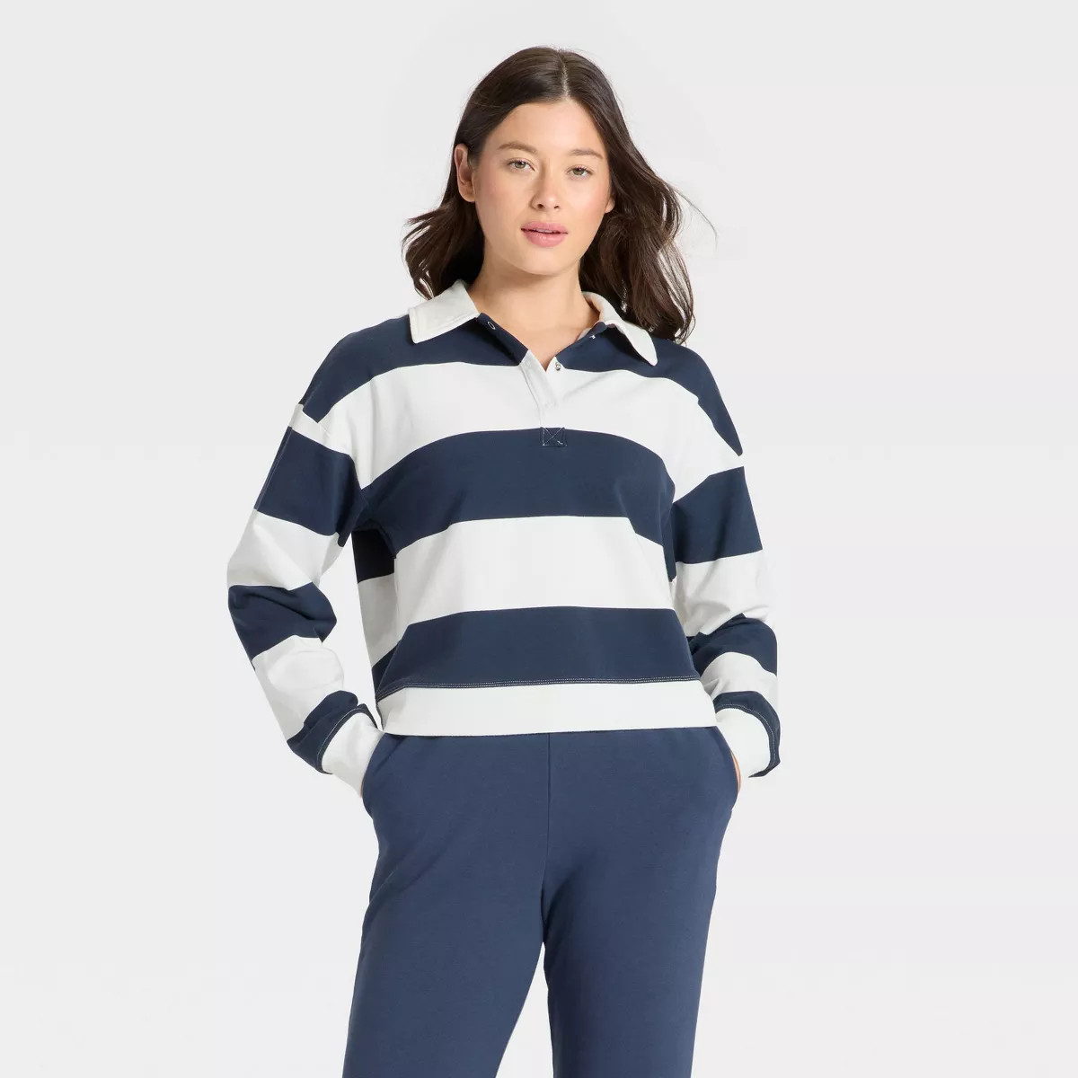 Women's Modal French Terry Polo Sweatshirt - All In Motion™ Navy Blue/Cream XS | Target