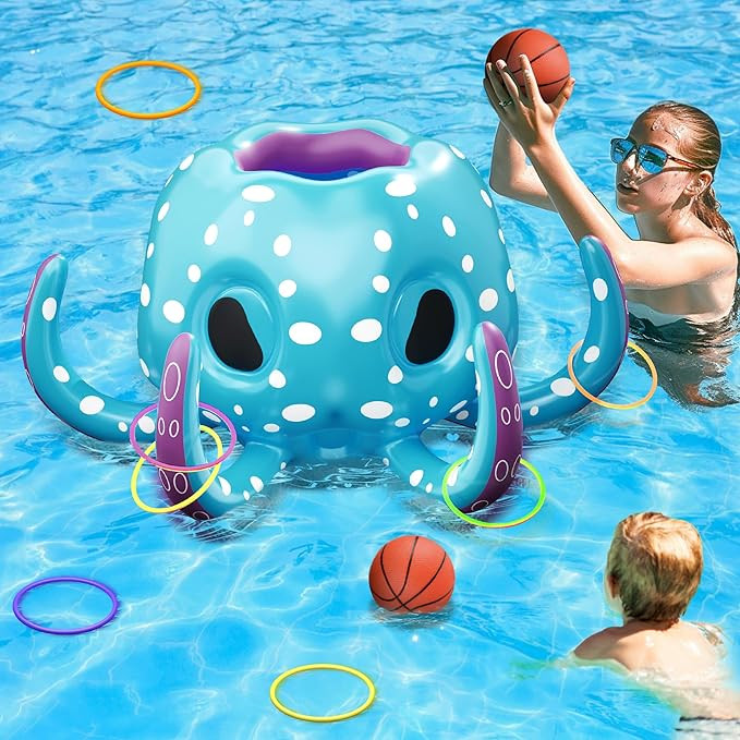 iPlay, iLearn Kids Octopus Pool Toys, 2-in-1 Inflatable Float Pool Game, Basketball Hoop & Ring T... | Amazon (US)