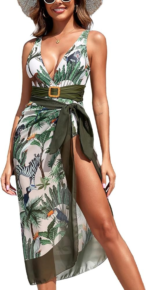 IDOPIP Women's One Piece Swimsuit with Beach Cover up Wrap Skirt Sarong Retro Floral Print Bikini... | Amazon (US)