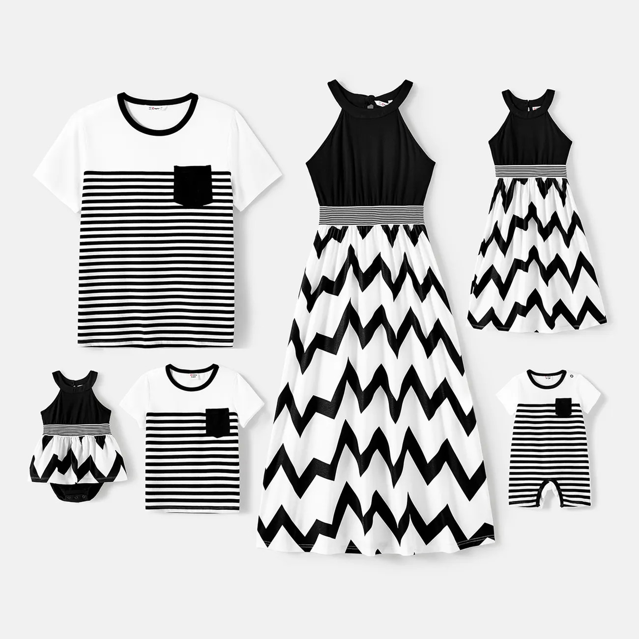 Family Matching Cotton Short-sleeve T-shirts and Chevron Striped Halter Spliced Naia™ Dresses S... | PatPat