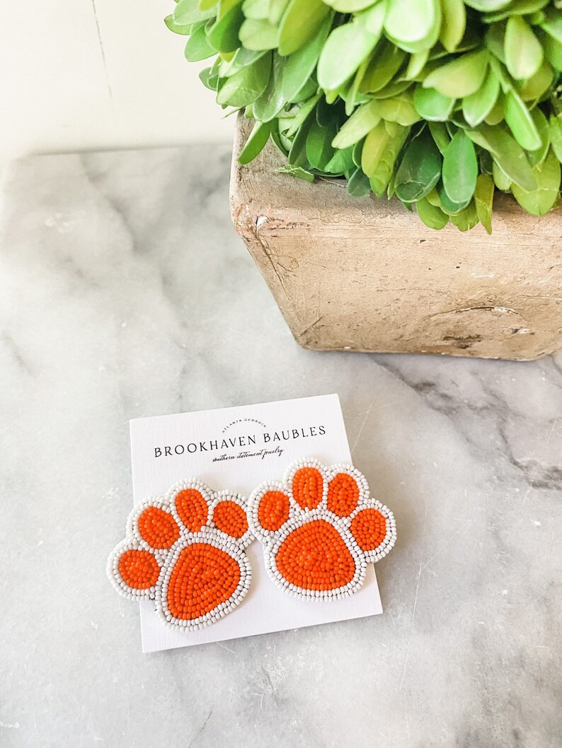 Orange and White Paw Beaded Earrings - Brookhaven Baubles - Southern Statement Jewelry - Clemson ... | Etsy (US)