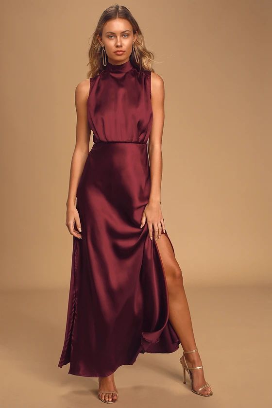 Classic Elegance Wine Satin Sleeveless Mock Neck Maxi Dress | Lulus (US)