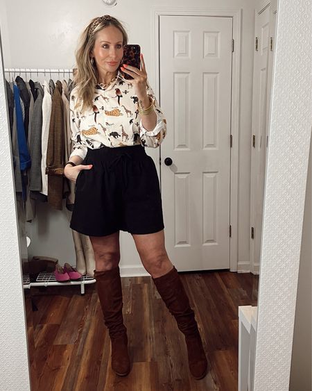 I love this cute Safari themed top! I paired it with a pair of tailored shorts & knee boots for the office. 
.
.
.
#animalprint #blackshorts #safaritheme #kneeboots #midsizestyle #midsizeoutfits #casualworkoutfits #tailoredshorts #leopardprint 

#LTKstyletip #LTKworkwear #LTKmidsize