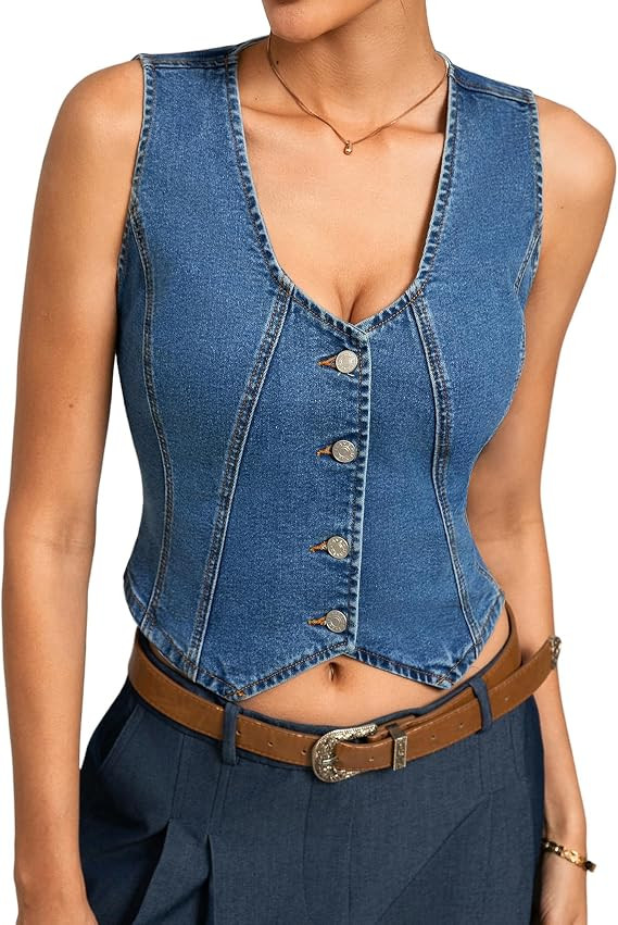 Kate Kasin Women's Denim Vest, Sleeveless Stretch Button Down Jean Vest for Women, Casual Fitted ... | Amazon (US)