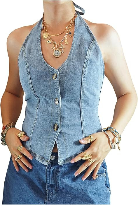 Miqil Women Sleeveless Denim Halter Top Backless Halter Neck Button Down Crop Denim Vest V Neck B... | Amazon (US)