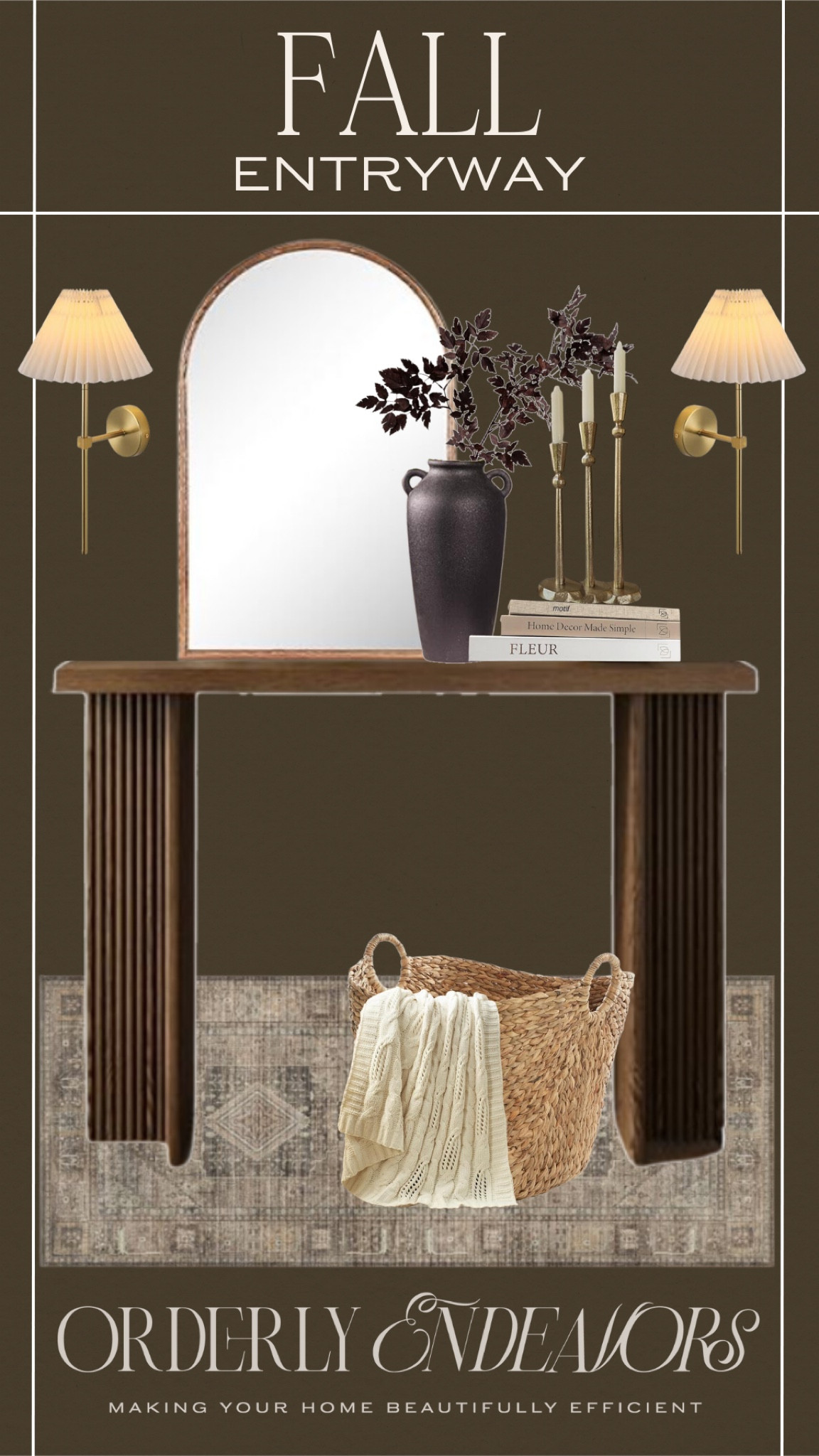 Fall entryway includes console table, arched mirror, rug, wicker basket, throw blanket, stackable books, candle stick holders, black vase, fall stems, and sconces 

Home decor, fall home decor, entryway decor, looks for less 

#LTKStyleTip #LTKFindsUnder50 #LTKHome