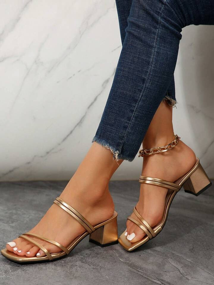 Women's Fairy Style Summer High-heels, Cross Straps, Chunky Heels, Gold Sandals, Roman Shoes | SHEIN