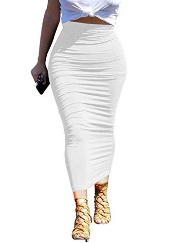 YMDUCH Women's Sexy Bodycon High Waist Stretchy Solid Work Pencil Skirts Dress White | Amazon (US)