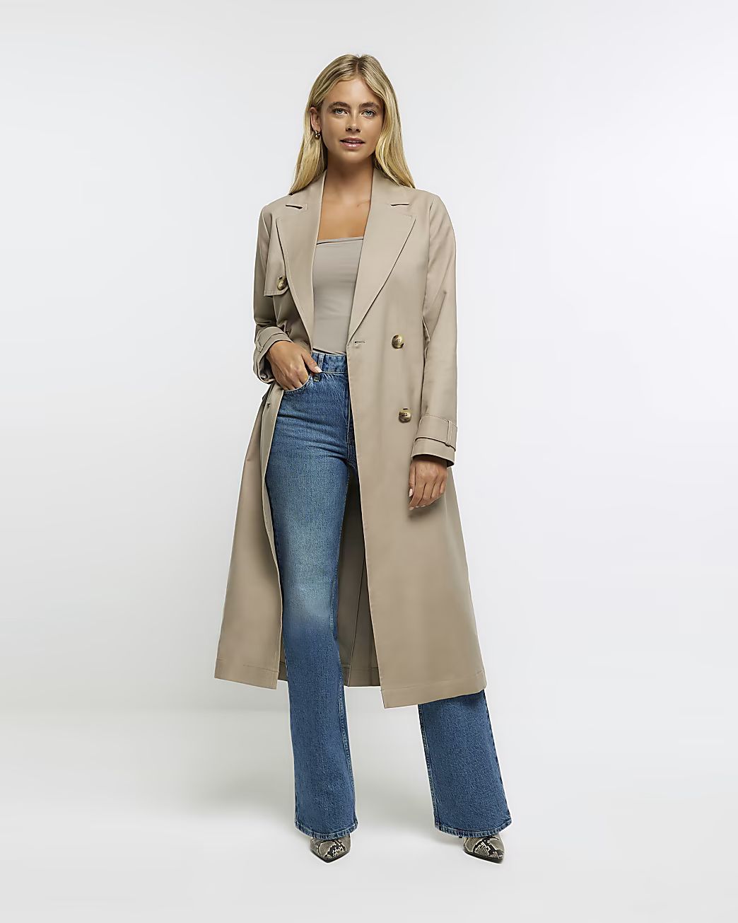 Beige double breasted trench coat | River Island (US)