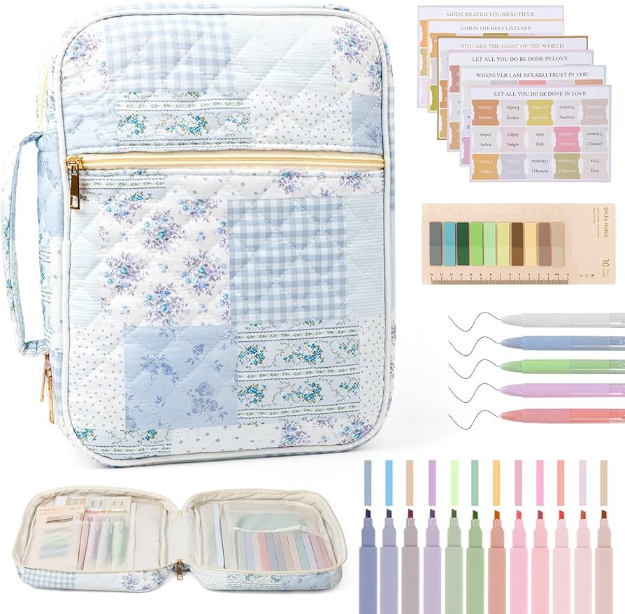 Bible Cover Case for Women, Large Quilted Bible Carrying Bag with Handles, Bible Study Supplies &... | Amazon (US)