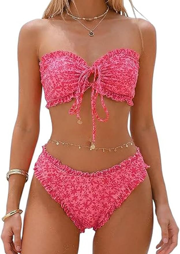 SHENHE Women's 2 Piece Bandeau Bikini Set Floral Print Tie Knot Ruffle Strapless Swimsuits       ... | Amazon (US)