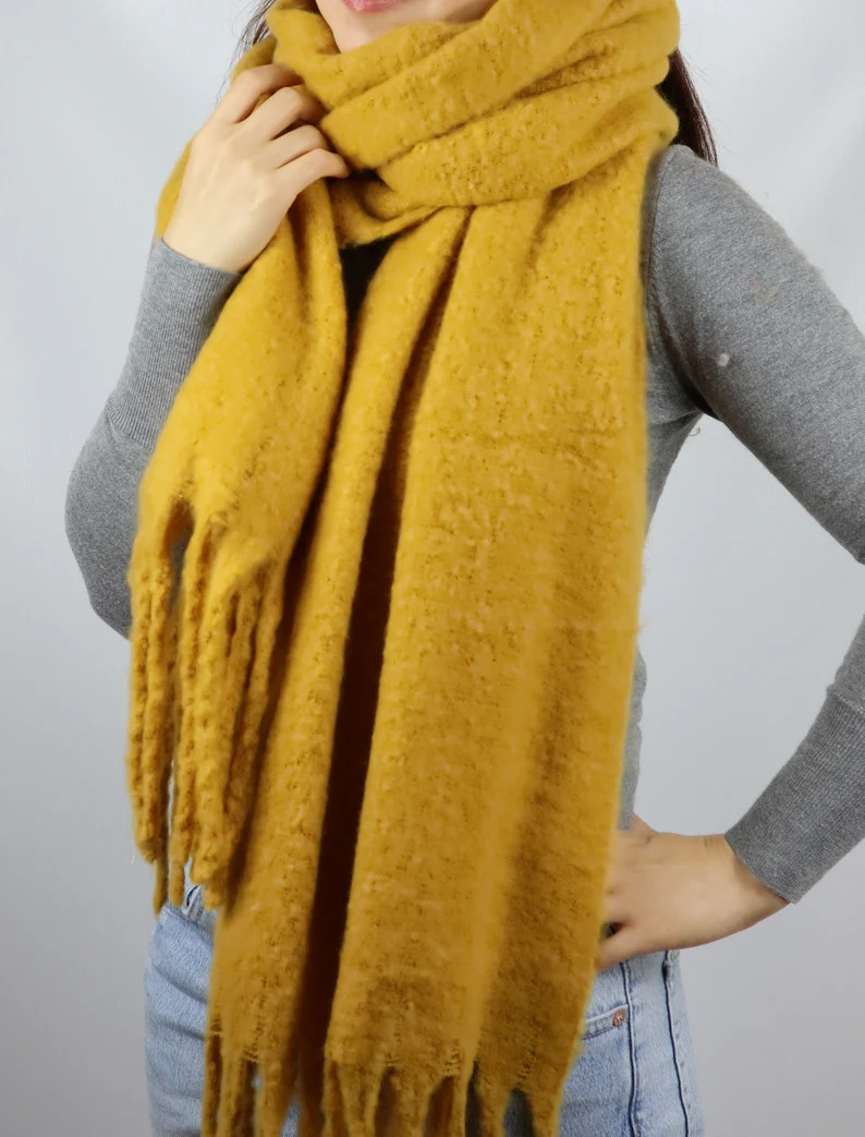 Long Cozy Chunky Knit Blanket Shawl Wrap Scarf Solid Mustard - Etsy | Etsy (US)