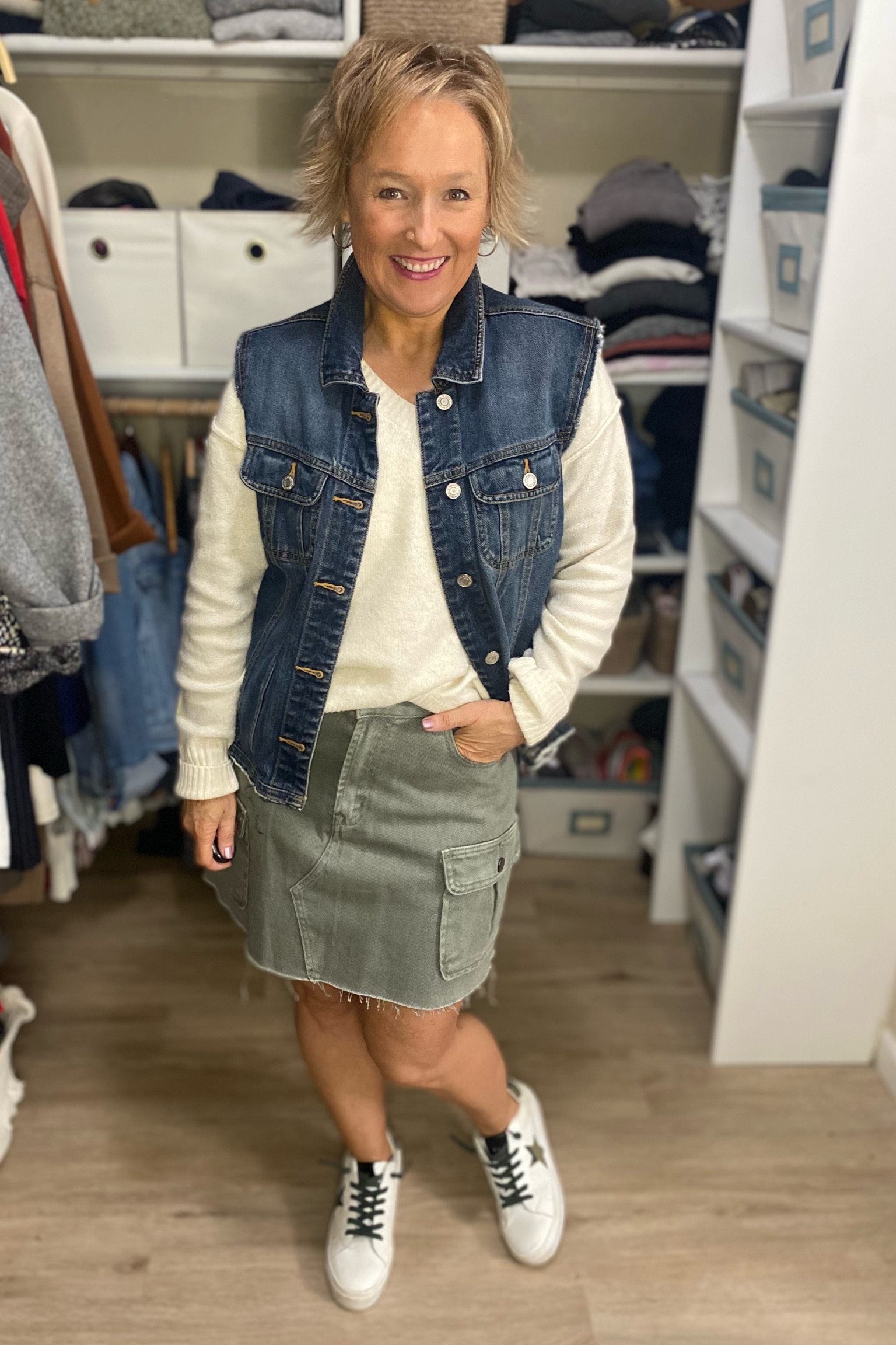 Distressed Olive Cargo Skirt and V-Neck Sweaterr

#LTKstyletip #LTKmidsize #LTKover40