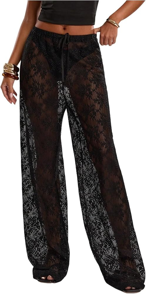 GORGLITTER Women's Lace Pants Sheer Mesh Floral Wide Leg Pants See Through Rave Bell Bottom | Amazon (US)