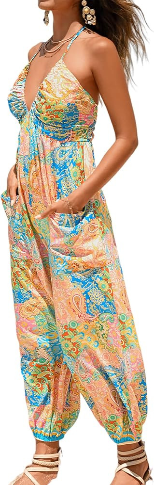 CUPSHE Women's Plunge Halter Sleeveless Pleated Long Romper Knit Jogger Maxi Jumpsuit with Pocket... | Amazon (US)