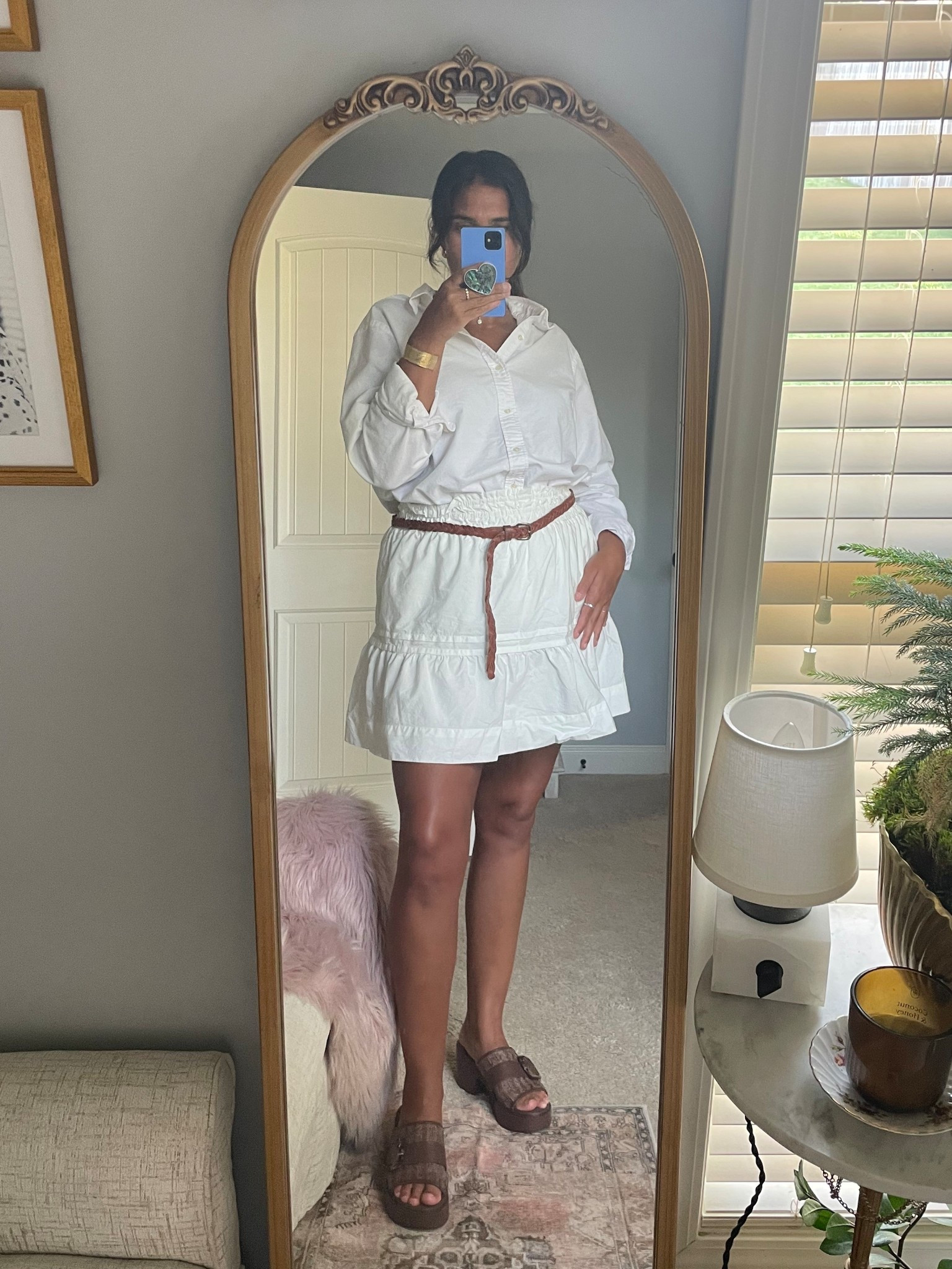 White skirt on sale from Anthro! Linked a similar shirt and belt

#LTKFindsUnder50 #LTKStyleTip #LTKWorkwear