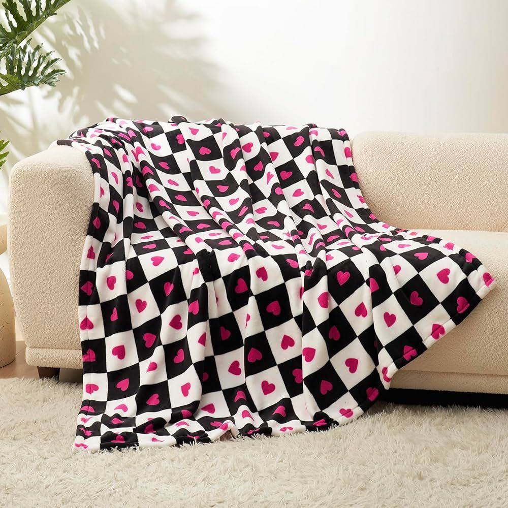 Cozy Bliss Checkered Throw Blanket Pink Heart Valentine's Day Blanket Ultra Soft Warm MilkyPlush... | Amazon (US)