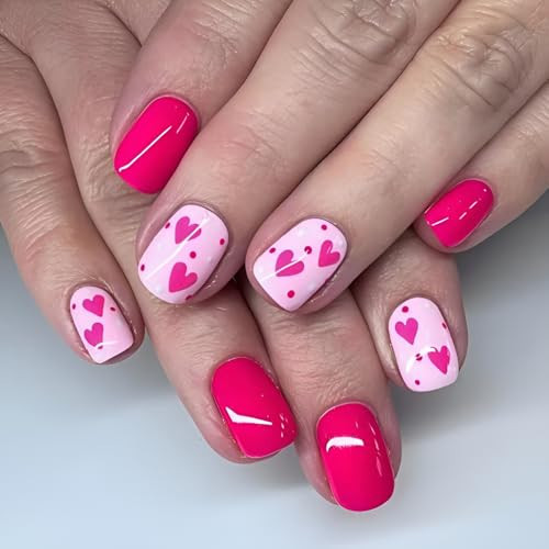 Valentines Press on Nails Short Square Fake Nails Pink Heart Nails Press Ons Holiday Stick on Nails Glossy Full Cover False Nails Pink Glue on Nails for Women and Girls Decorations Set 24Pcs | Amazon (US)