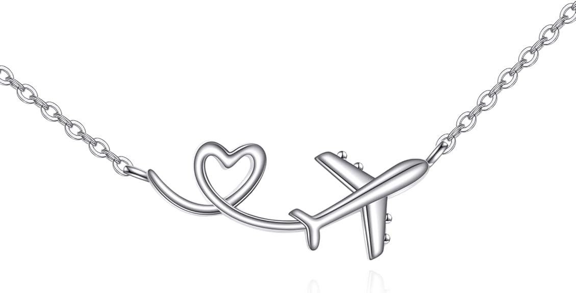 URONE Airplane Necklace 925 Sterling Silver Heart Airplane Pendant Aircraft Jewelry Gifts for Wom... | Amazon (US)