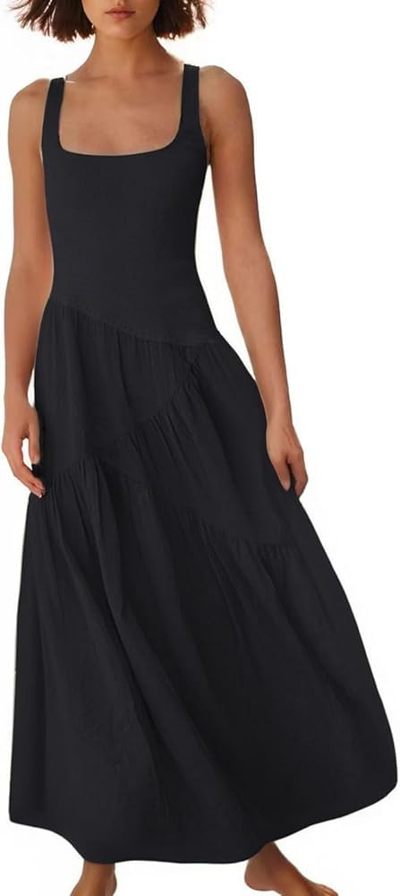 Women's Summer Maxi Dress: 2024 Square Neck Sleeveless Dresses Casual Smocked Tie Back Sundress | Amazon (US)