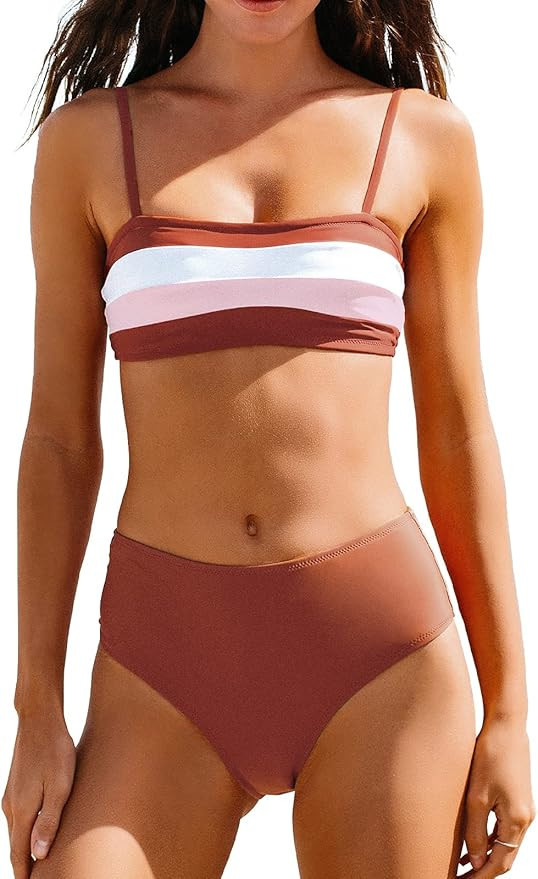 CUPSHE Women's High Waisted Bikini Swimsuit Bandeau Stripe Two Piece Bathing Suit | Amazon (US)