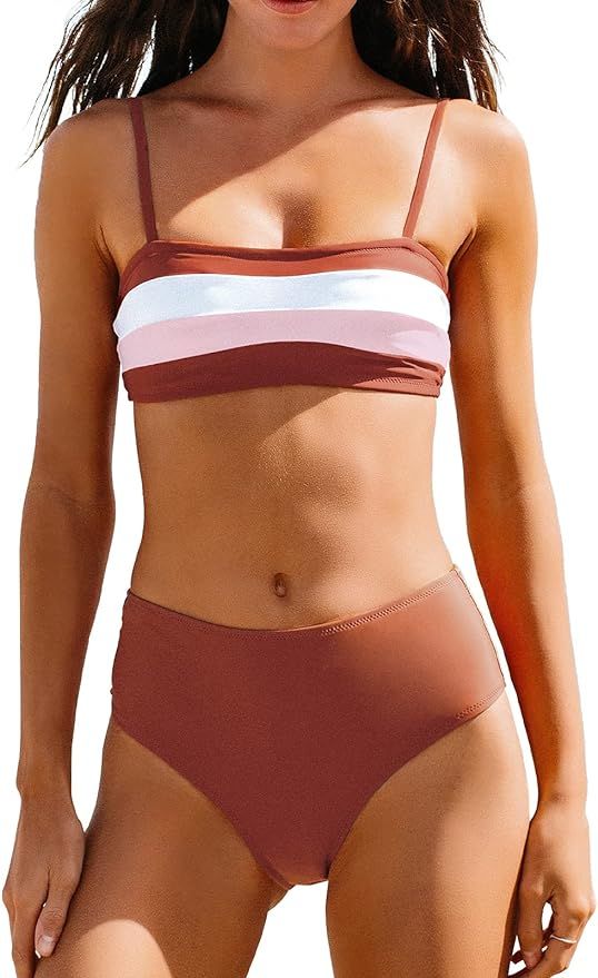 CUPSHE Women's High Waisted Bikini Swimsuit Bandeau Stripe Two Piece Bathing Suit | Amazon (US)