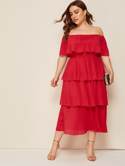 SHEIN Plus Pleat Layered Ruffle Trim Bardot Dress | SHEIN