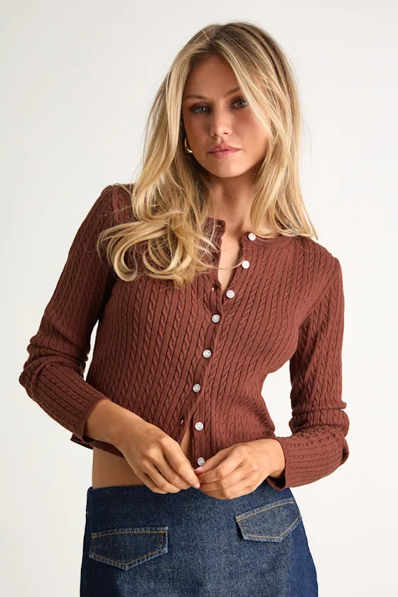 Marylu Brown Cable Knit Cardigan Sweater Top | Lulus